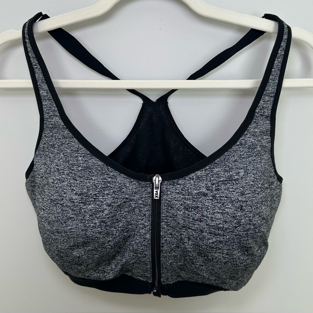 Victoria’s Secret VSX Sport Front Zip Racerback Sports Bra Grey Gray Black 36DDD